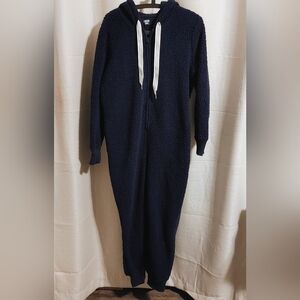 Aerie Women's Navy Blue Sherpa Onesie NAUGHTY-ISH Size M With Hood and Pockets